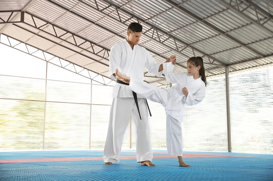 Traditional karate instructor teaching martial arts class